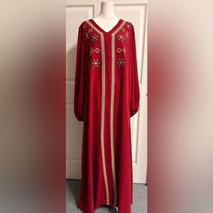 Elegant embroidered Red Dress / kaftan/ Jalabia with Lace Trim